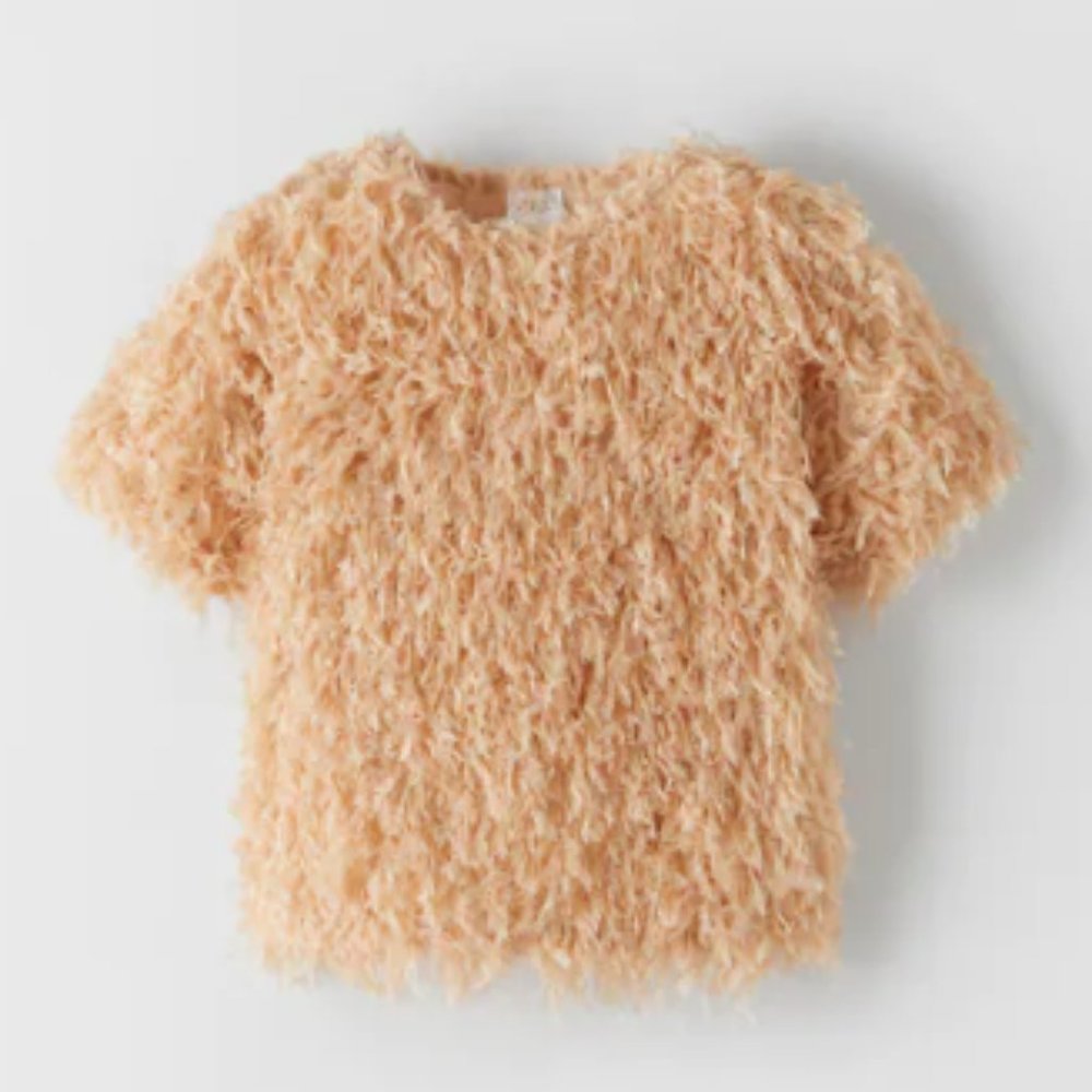 ZARA GIRLS FRINGED T-SHIRT BEIGE